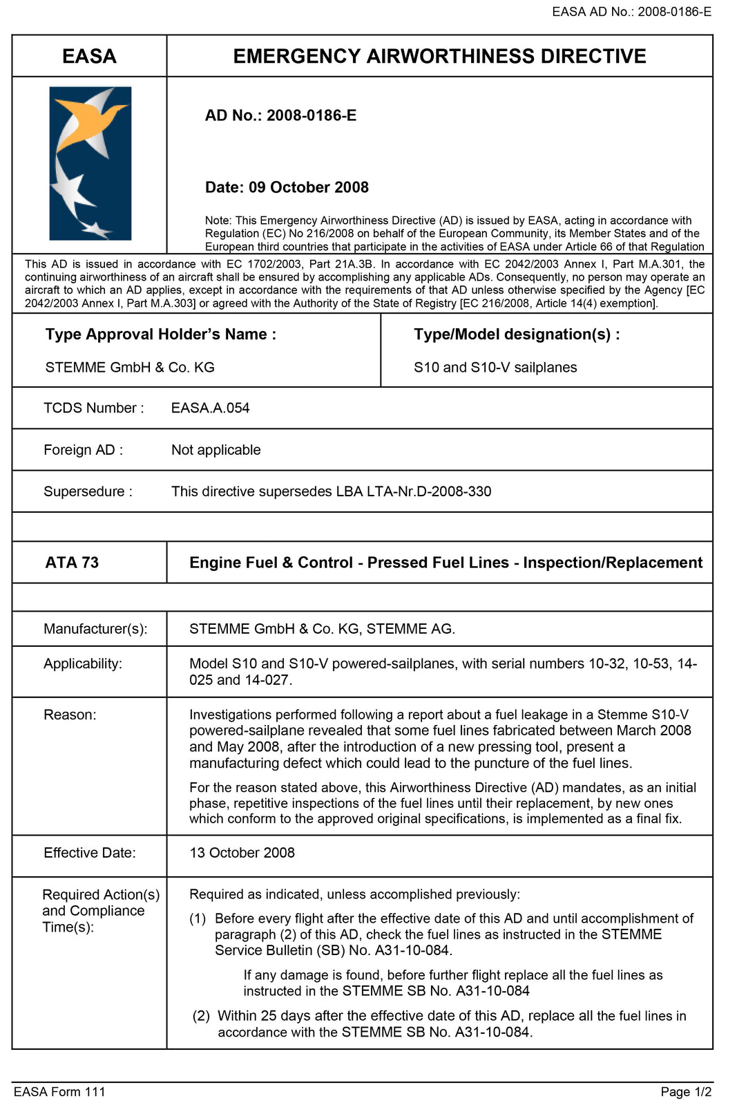 S10, -V EASA AD Engine Fuel & Control