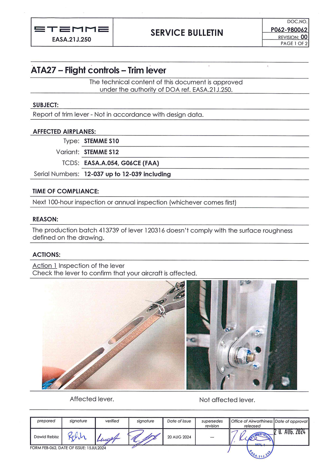 S12 Service Bulletin Trim Lever