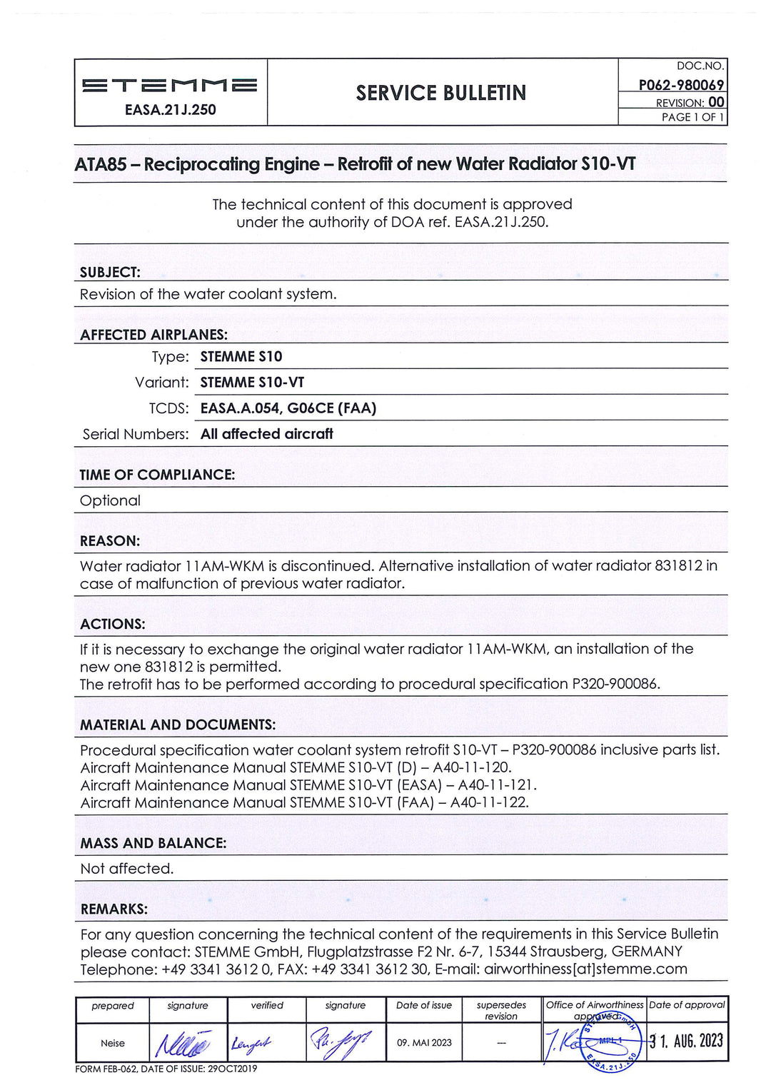 S10 Service Bulletin Retrofit of New Water Radiator S10-VT