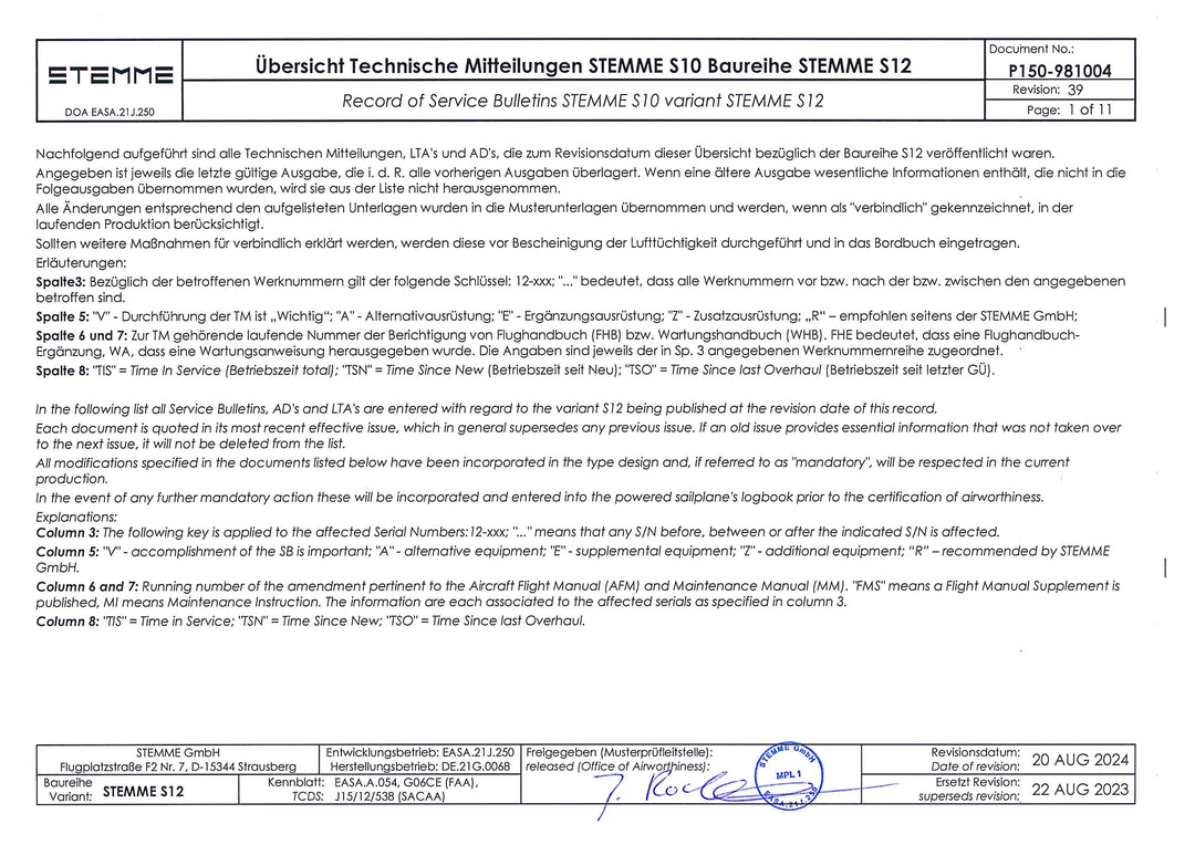 S12 Record of Service Bulletins Revision 39